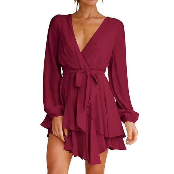 V Neck High Waist Ruffle Long Sleeve Mini Dress