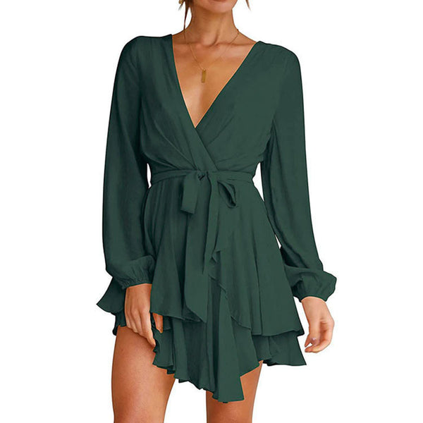 V Neck High Waist Ruffle Long Sleeve Mini Dress