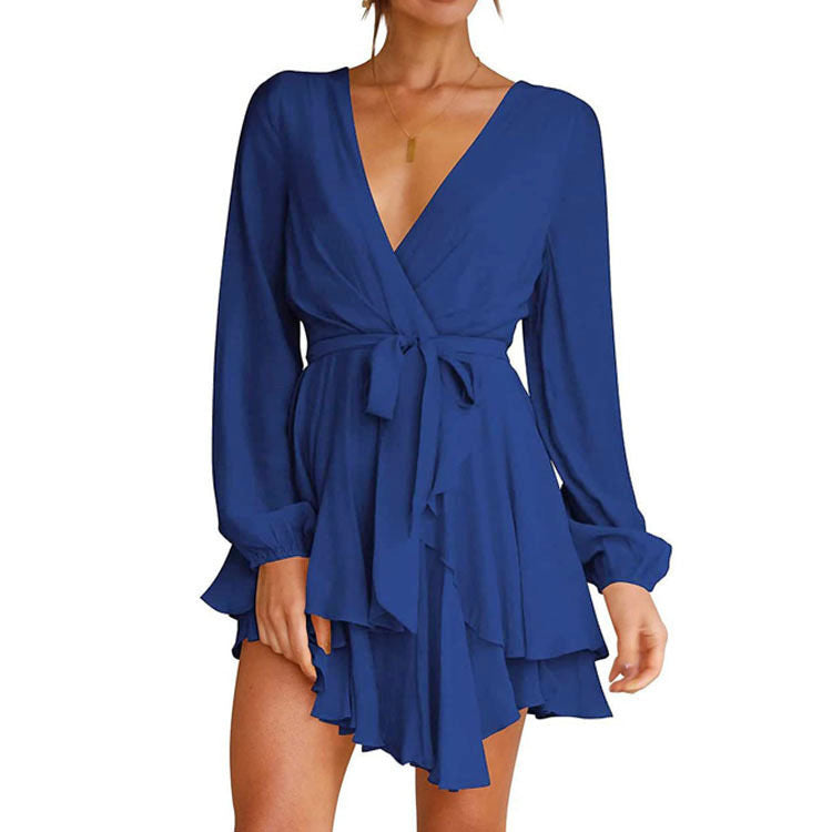 V Neck High Waist Ruffle Long Sleeve Mini Dress