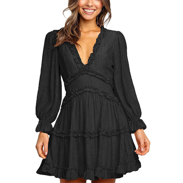 Women's Deep V Neck Ruffle Long Sleeve Mini Dress