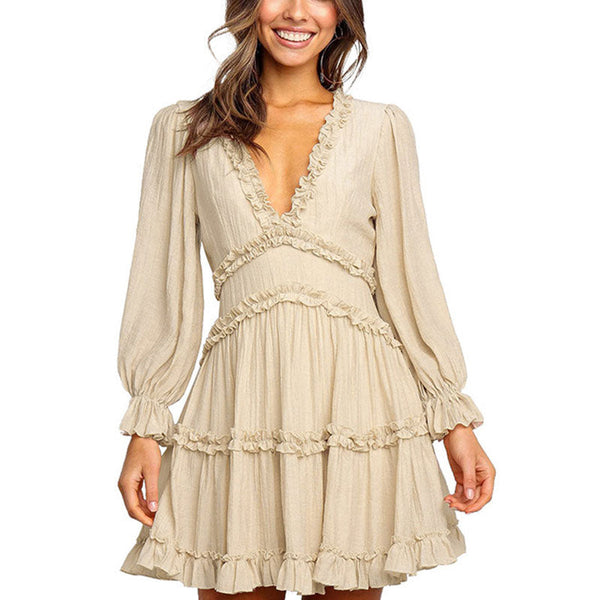 Women's Deep V Neck Ruffle Long Sleeve Mini Dress