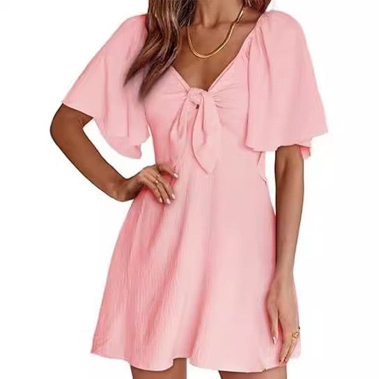 Deep V Neck Elegant Bow Tie Mini Dress