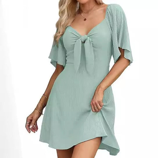 Deep V Neck Elegant Bow Tie Mini Dress