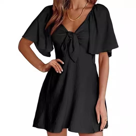 Deep V Neck Elegant Bow Tie Mini Dress