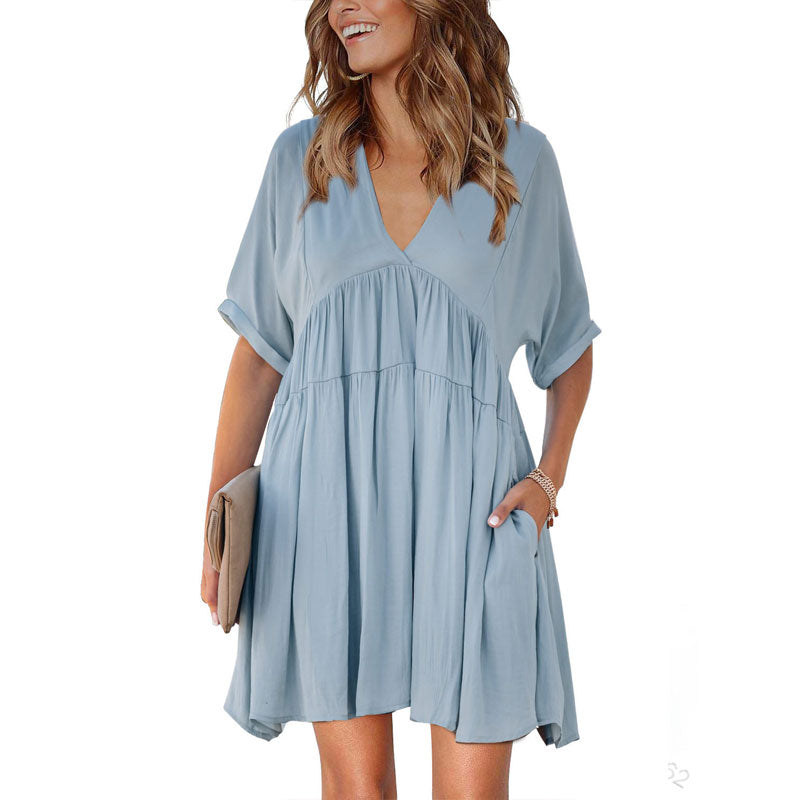 Women's V Neck Tie Back Ruffle Swing Dress