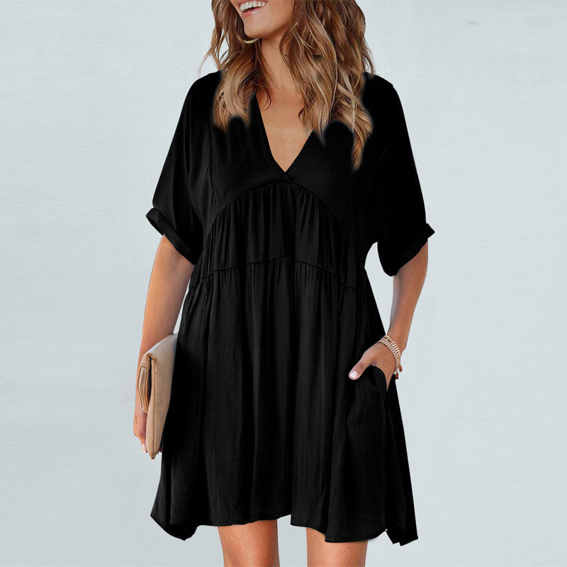 Women's V Neck Tie Back Ruffle Swing Dress