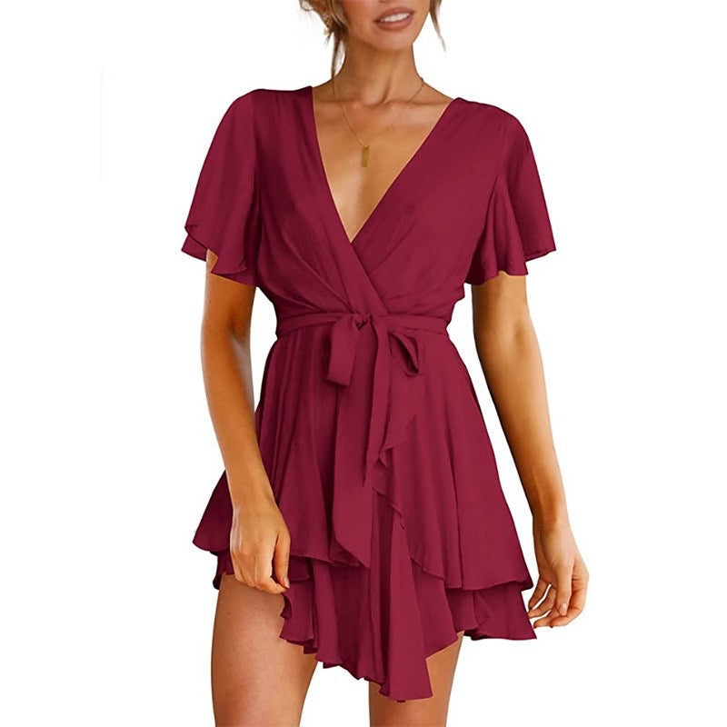 Women's Wrap Short Sleeve V Neck Ruffle Mini Dresses