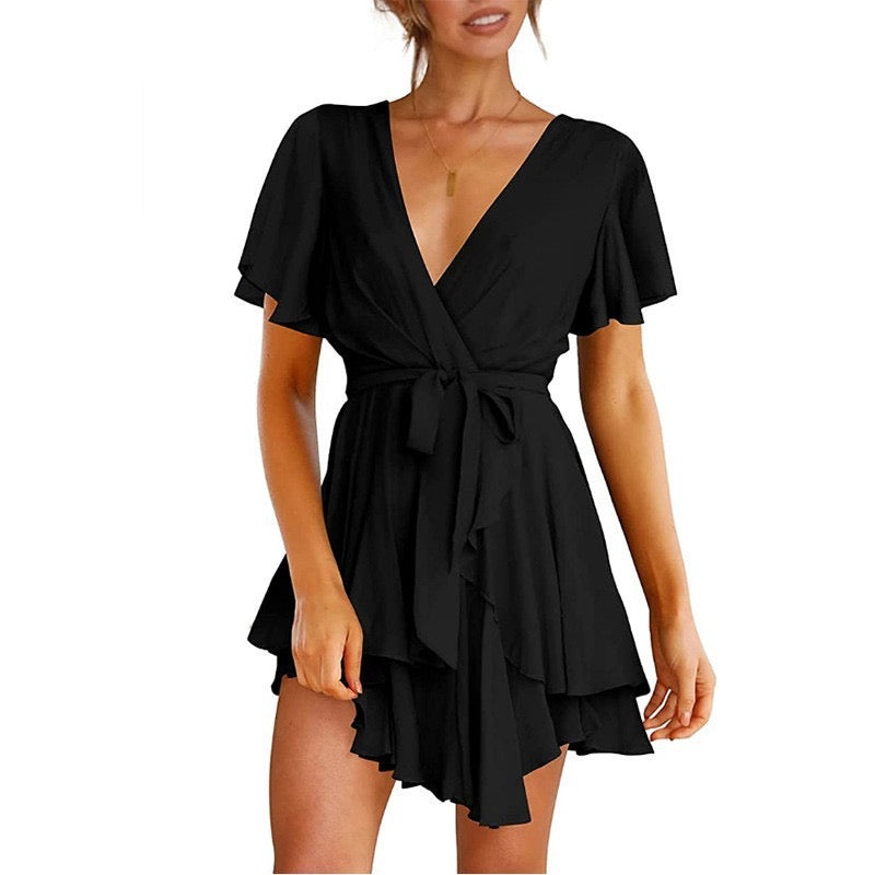 Women's Wrap Short Sleeve V Neck Ruffle Mini Dresses