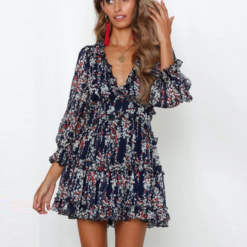 Deep V Neck Ruffle Floral Flowy Mini Dress