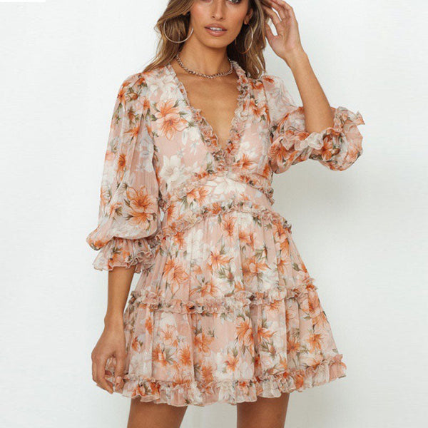 Deep V Neck Ruffle Floral Flowy Mini Dress