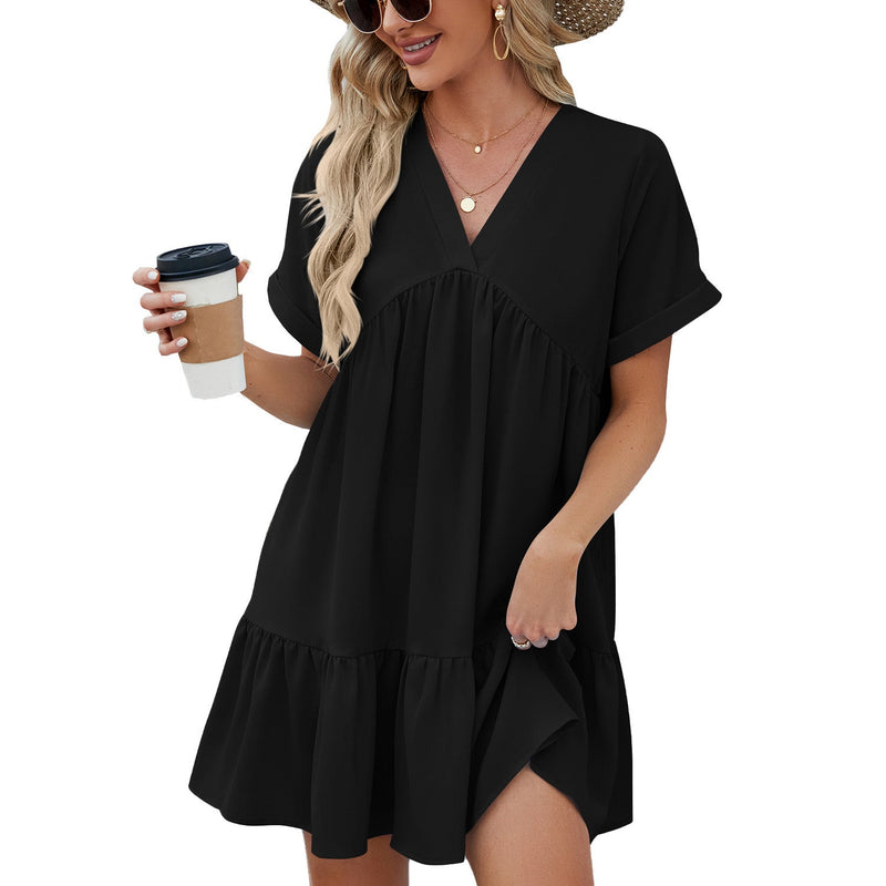 V Neck Short Sleeve Swing Shift Mini Tunic Dress