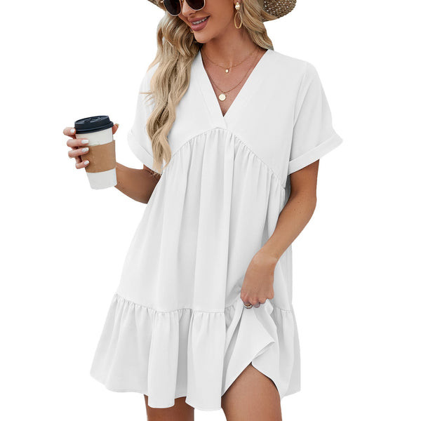 V Neck Short Sleeve Swing Shift Mini Tunic Dress