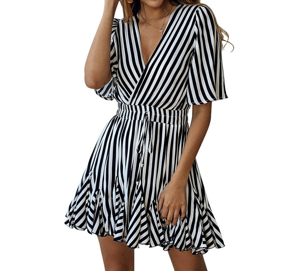 Short Sleeve Wrap V Neck Ruffle Striped Mini Dress