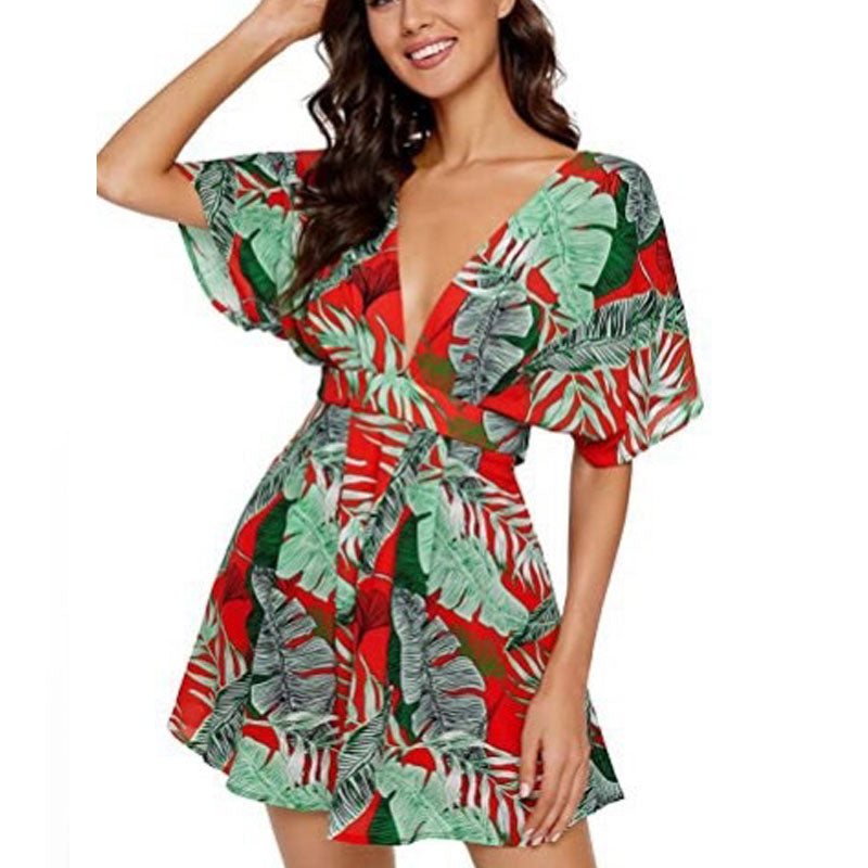 Floral V Neck Tie Open Back Mini Dress