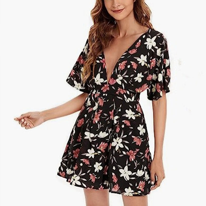 Floral V Neck Tie Open Back Short Dress