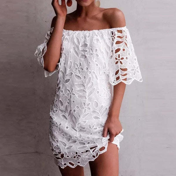 Off Shoulder Floral Lace Flare Short Sleeve Loose Mini Dress