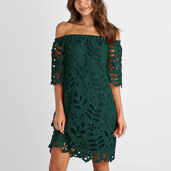 Off Shoulder Floral Lace Flare Short Sleeve Loose Mini Dress