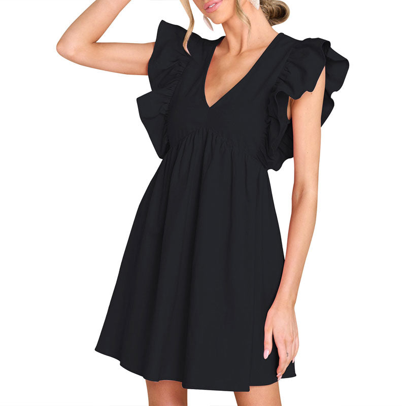 Ruffle Sleeveless Deep V Neck High Waist Pleated Mini Dress