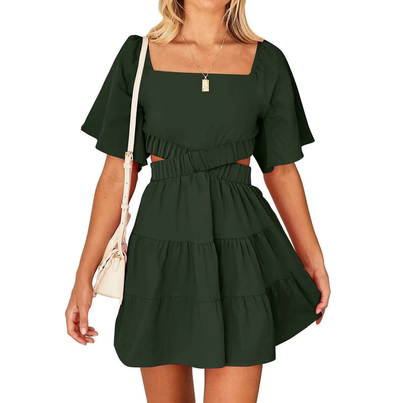 Square Neck Casual Short Sleeves Mini Dress