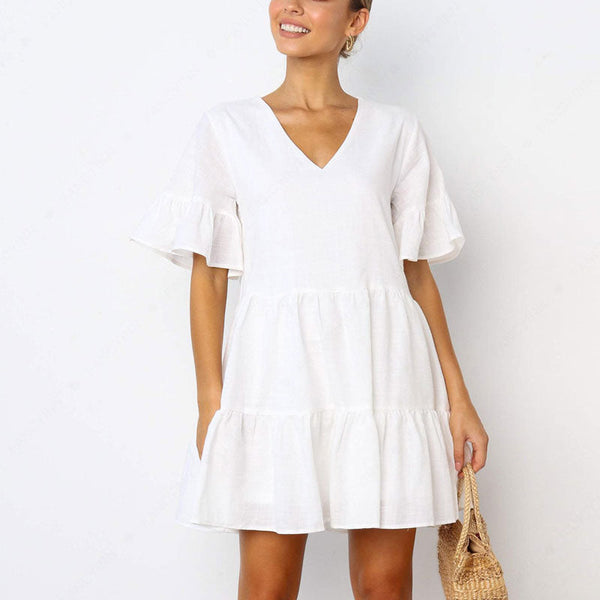 V Neck Cute Shift Loose Swing Mini Dress