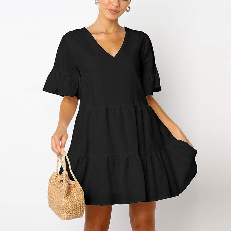 V Neck Cute Shift Loose Swing Mini Dress