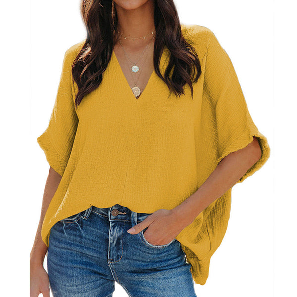 Womens Short Sleeve V Neck Oversized Solid Blouses