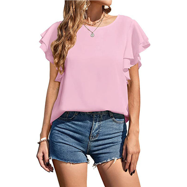 Short Sleeve Solid Casual Loose Blouses