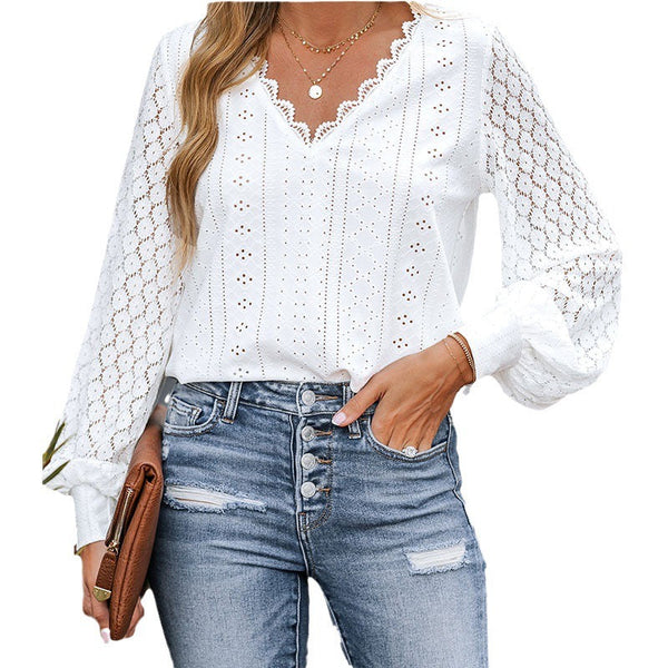 Lace Long Lace Sleeves Shirts V Neck Blouses