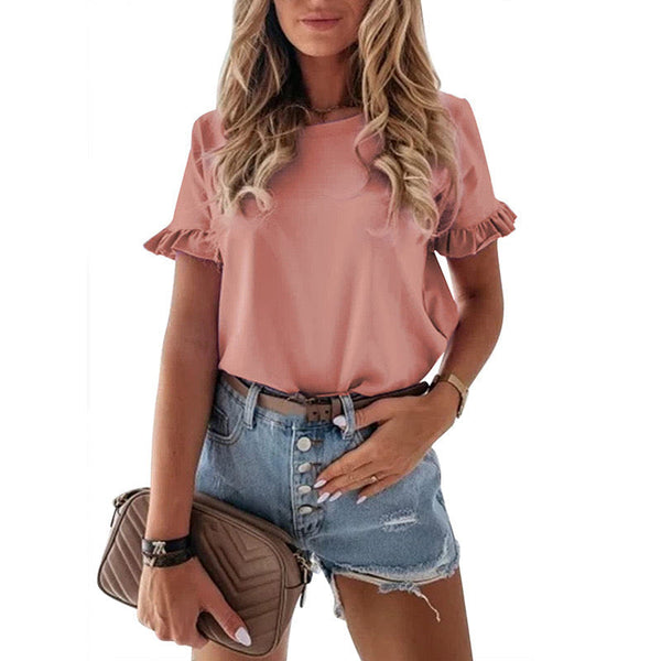 T Shirts Ruffle Plain Round Neck Loose Blouse