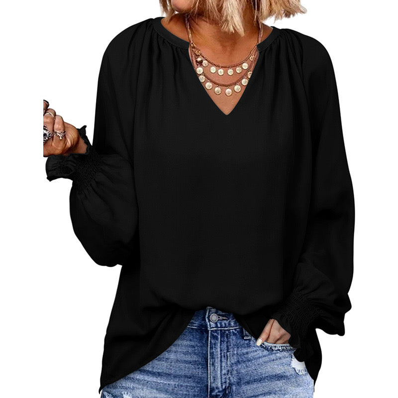 Smocked Long Sleeve V Neck Casual Chiffon Shirts