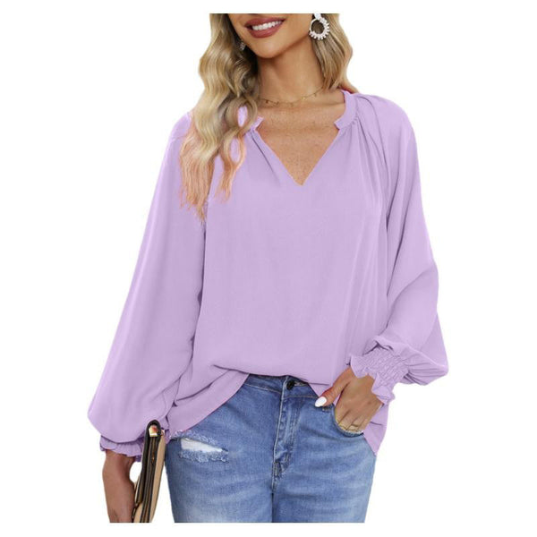 Smocked Long Sleeve V Neck Casual Chiffon Shirts