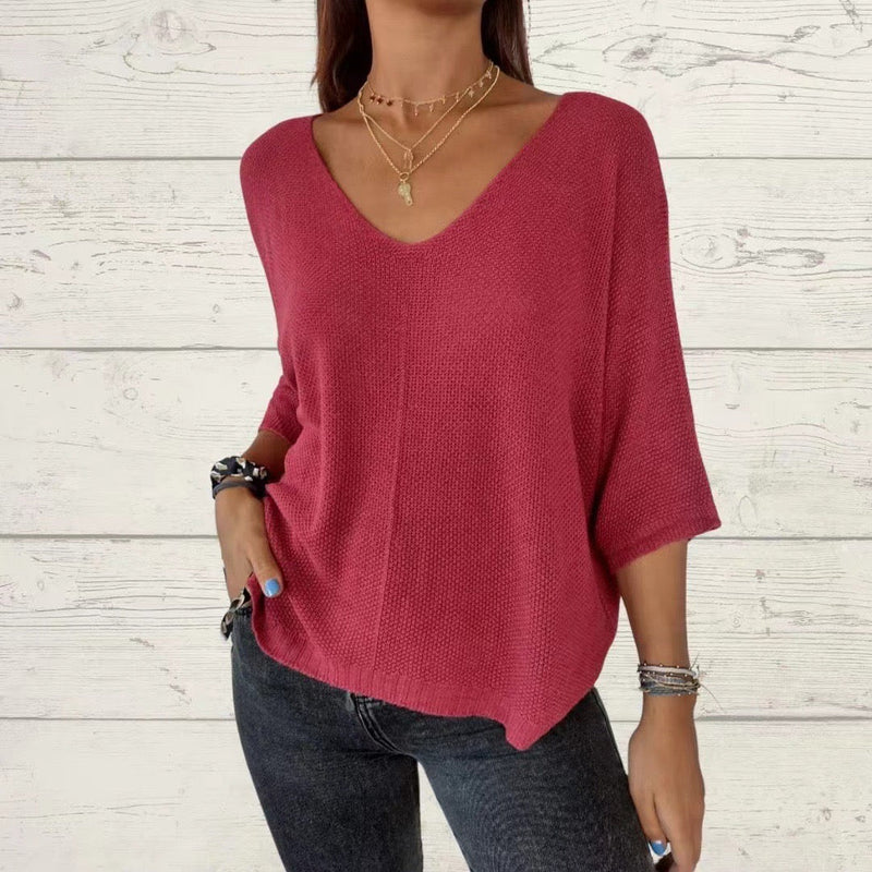 Casual 3/4 Sleeve Solid Color V Neck Loose Pullover Tops