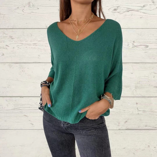 Casual 3/4 Sleeve Solid Color V Neck Loose Pullover Tops