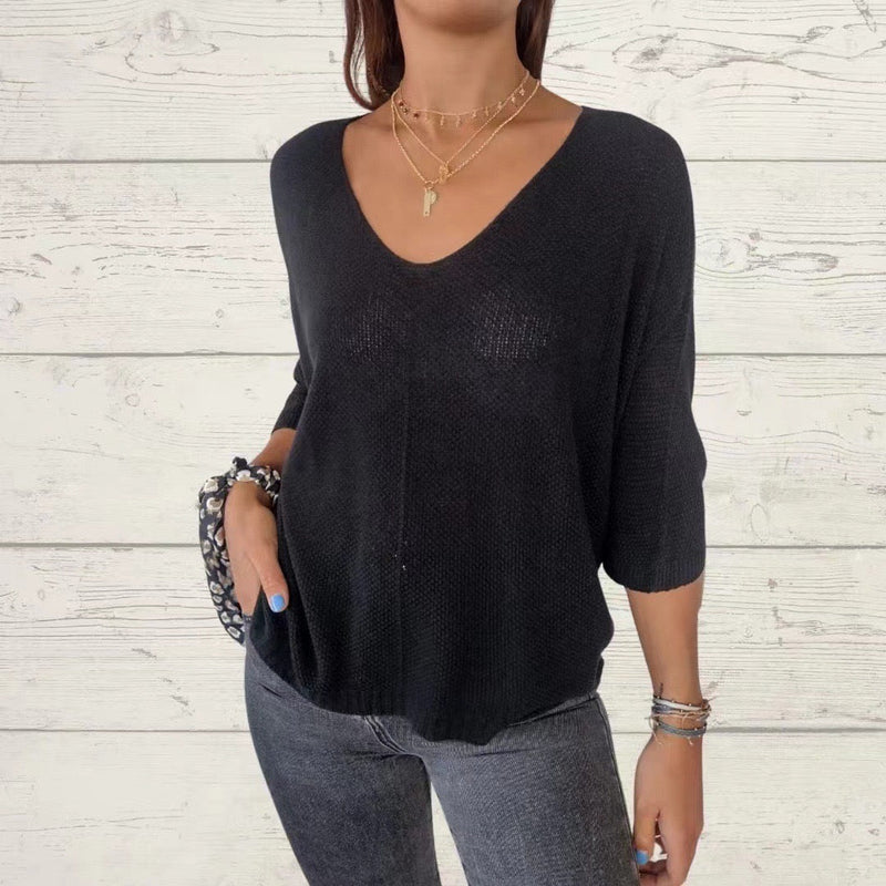 Casual 3/4 Sleeve Solid Color V Neck Loose Pullover Tops