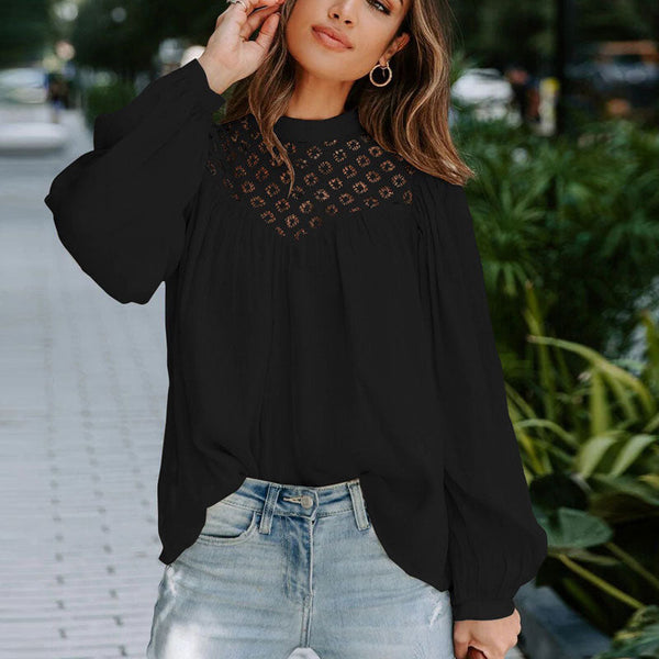 Crewneck Lace Tops for Women with Lantern Sleeve