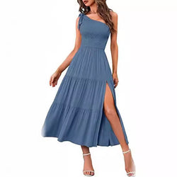 Women's One Shoulder Sleeveless Knot Smocked Midi Dress