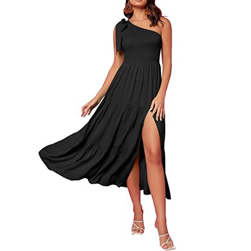 Women's One Shoulder Sleeveless Knot Smocked Midi Dress