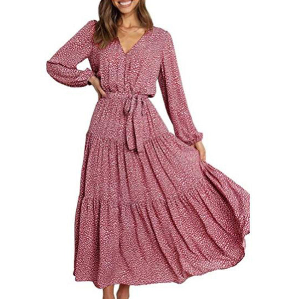 Womens Long Sleeve Wrap V Neck Ruffle Floral Maxi Dress