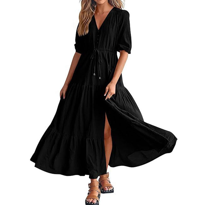 Solid Color Short Sleeves V Neck Button Drawstring Maxi Dresses