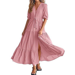 Solid Color Short Sleeves V Neck Button Drawstring Maxi Dresses