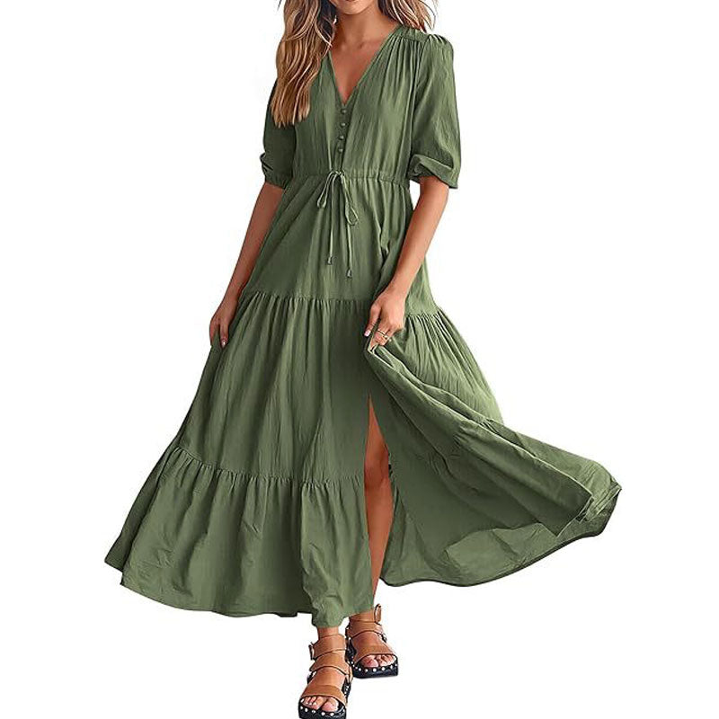 Solid Color Short Sleeves V Neck Button Drawstring Maxi Dresses