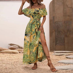 A Line Dresses Off Shoulder Ruffle Maxi Tropical Printed Dress