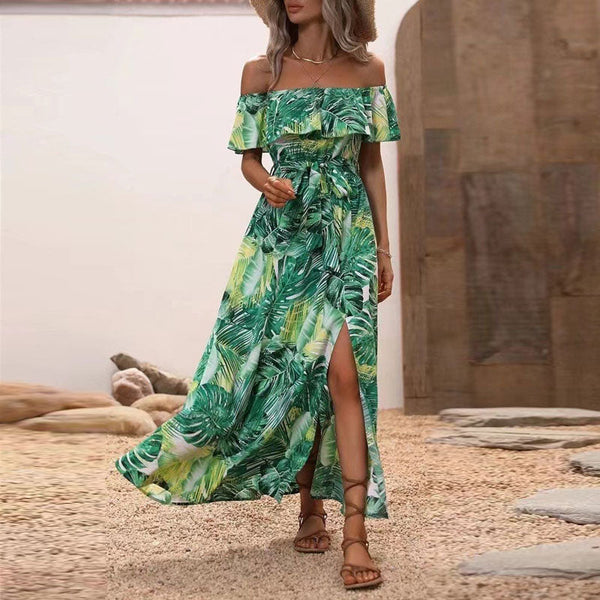 A Line Off Shoulder Ruffle Maxi Tropical Printed Dress