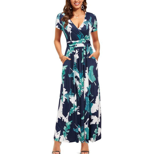 Womens' V-Neck Pattern Pocket Maxi Long Dress