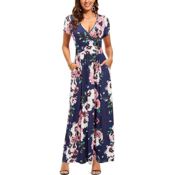 Womens' V-Neck Pattern Pocket Maxi Long Dress