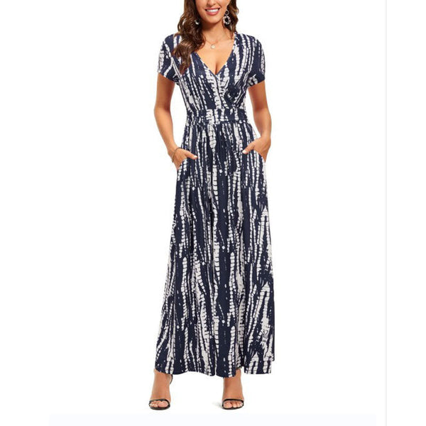 V-Neck Pattern Pocket Maxi Long Dress