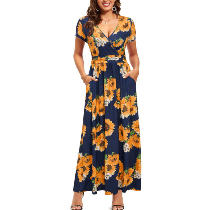 V-Neck Pattern Pocket Maxi Long Dress