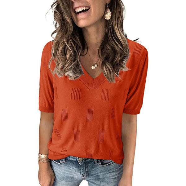 Short Sleeve V Neck Lightweight Thin Knit Blouse