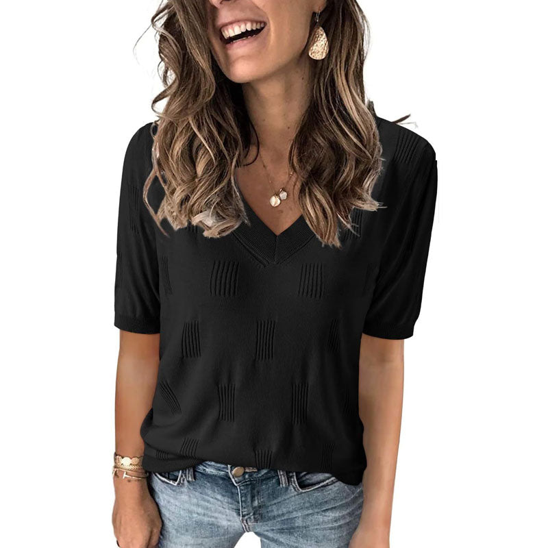 Short Sleeve V Neck Lightweight Thin Knit Blouse